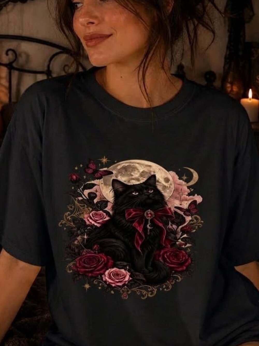 Black Cat Gothic Roses Witchy Tee